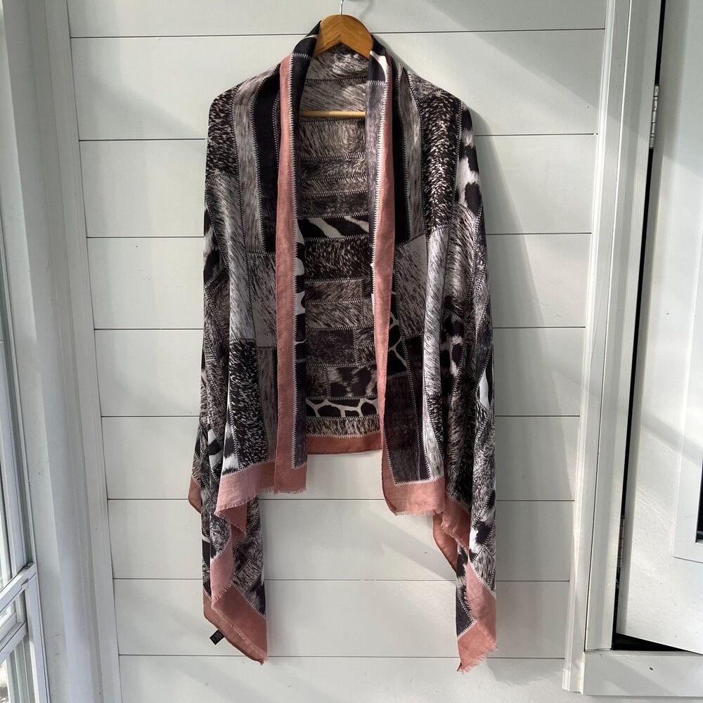 Scarf Gray Rose Pink Animal Print Head Neck Shawl 34"x70"